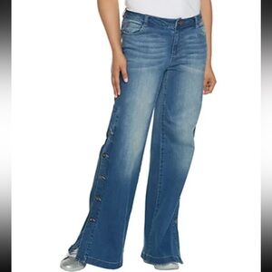 Peace Love World Regular Wide Leg Jeans with Side Buttons Womens Medium Wash